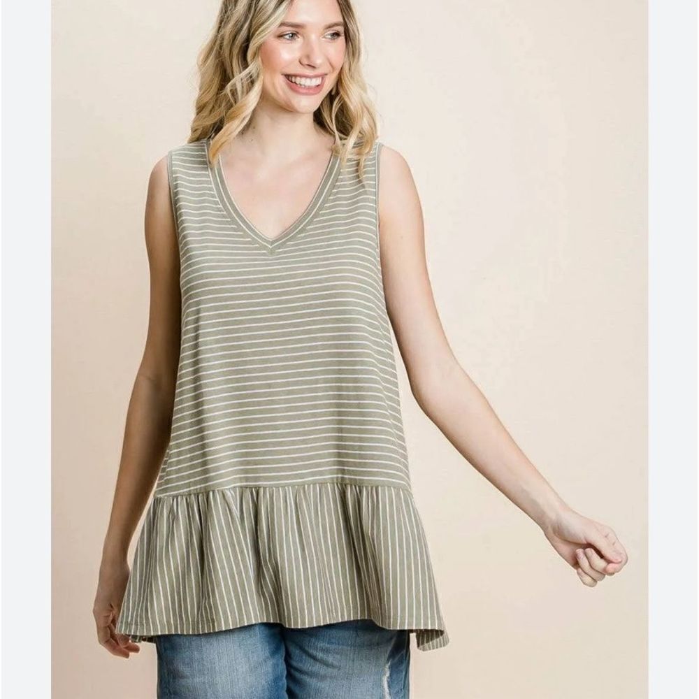 Cotton Bleu This One's For You Top olive striped linen blend size M